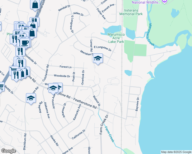 map of restaurants, bars, coffee shops, grocery stores, and more near 14637 Ponderosa Court in Woodbridge