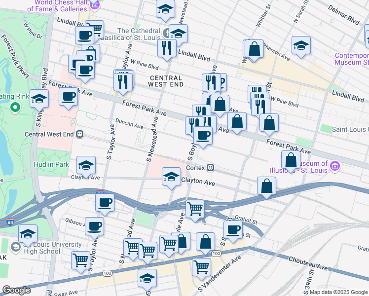 map of restaurants, bars, coffee shops, grocery stores, and more near 4340 Duncan Ave in St Louis
