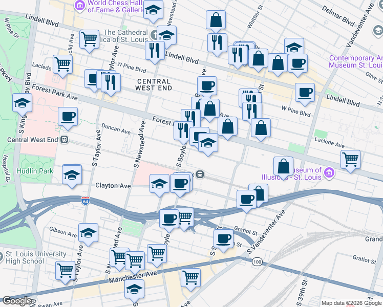 map of restaurants, bars, coffee shops, grocery stores, and more near 4240 Duncan Avenue in St. Louis