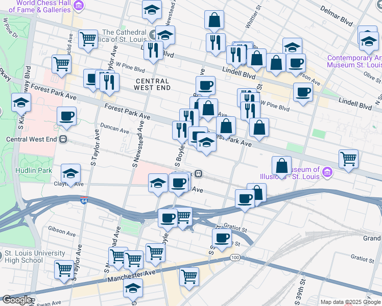 map of restaurants, bars, coffee shops, grocery stores, and more near 4240 Duncan Avenue in Saint Louis