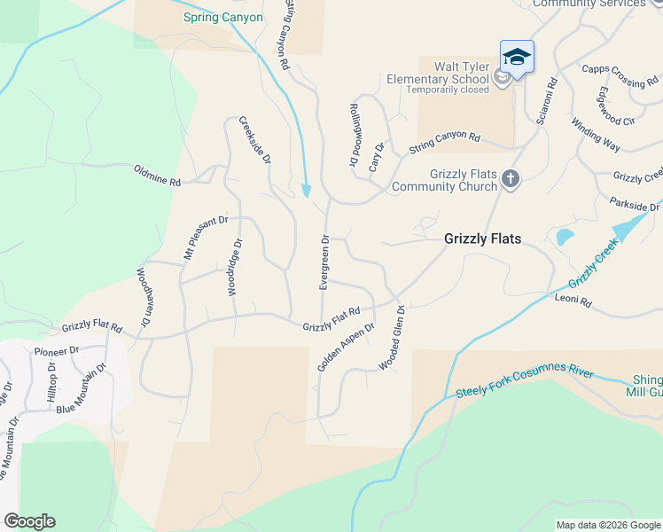 map of restaurants, bars, coffee shops, grocery stores, and more near 5140 Evergreen Drive in Grizzly Flats