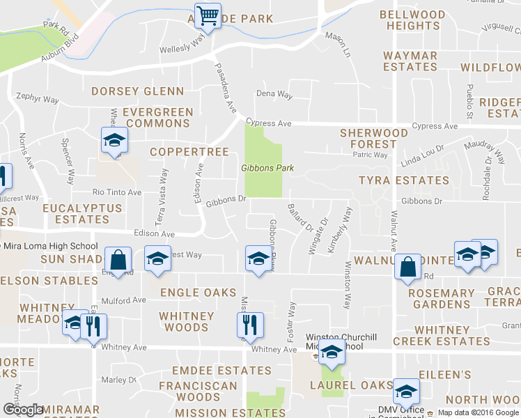 map of restaurants, bars, coffee shops, grocery stores, and more near 3824 Gibbons Parkway in Carmichael