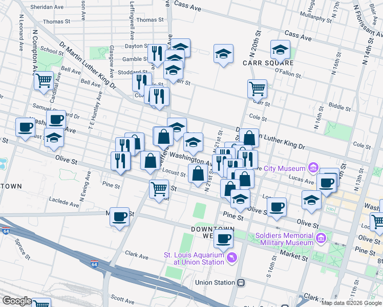 map of restaurants, bars, coffee shops, grocery stores, and more near 2221 Lucas Avenue in St. Louis