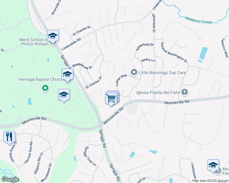map of restaurants, bars, coffee shops, grocery stores, and more near 5434 Lomax Way in Woodbridge