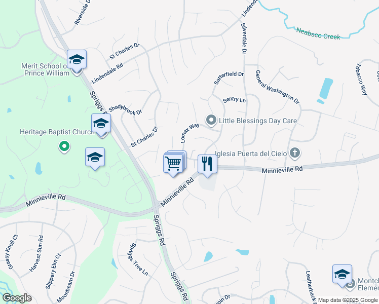 map of restaurants, bars, coffee shops, grocery stores, and more near 5412 Staples Lane in Woodbridge