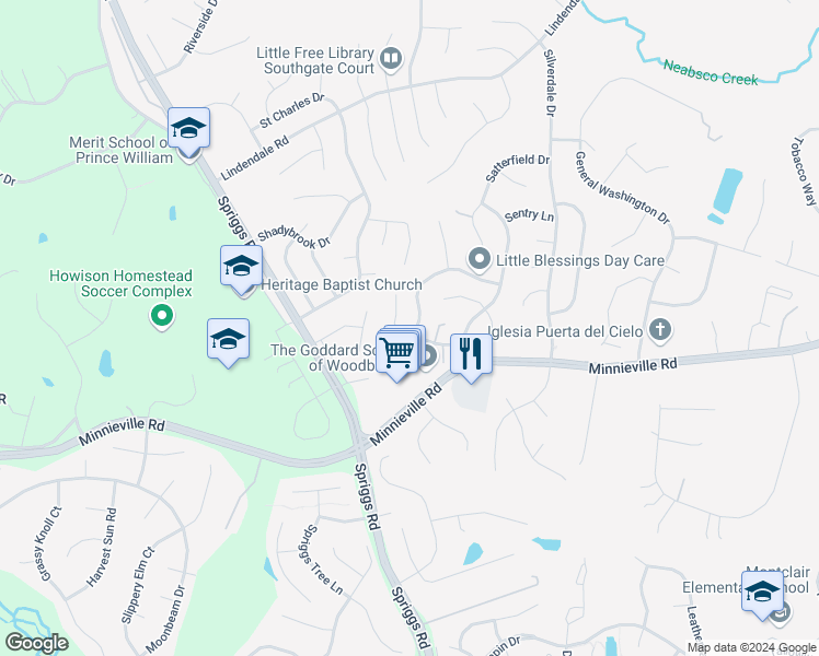 map of restaurants, bars, coffee shops, grocery stores, and more near 5434 Lomax Way in Woodbridge