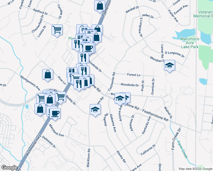 map of restaurants, bars, coffee shops, grocery stores, and more near 1606 Dorothy Lane in Woodbridge