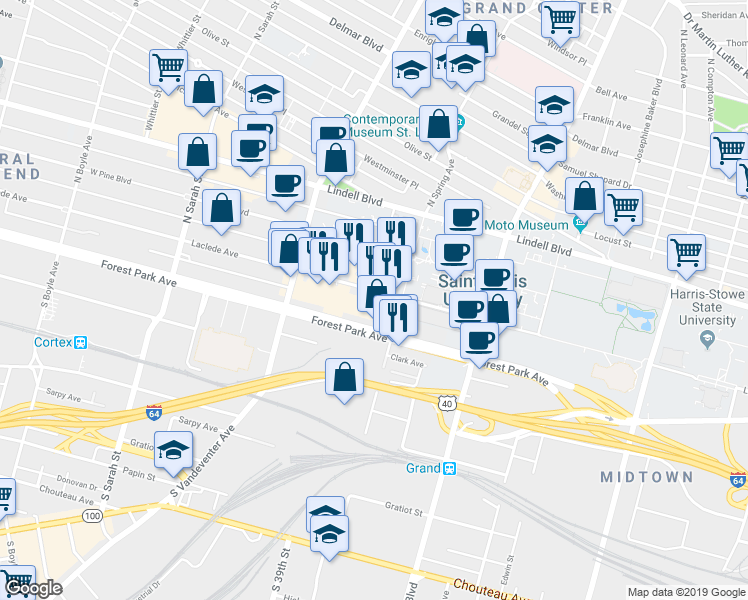 map of restaurants, bars, coffee shops, grocery stores, and more near 3722 Laclede Avenue in St. Louis