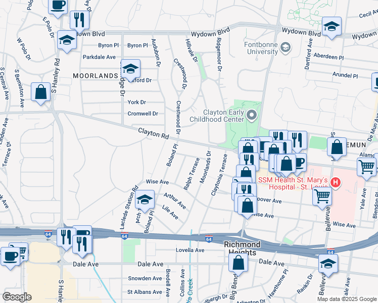 map of restaurants, bars, coffee shops, grocery stores, and more near 7240 Clayton Road in Clayton