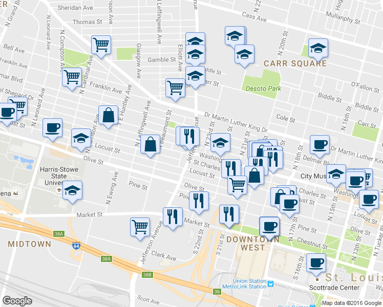 map of restaurants, bars, coffee shops, grocery stores, and more near 3733 Washington Avenue in Saint Louis