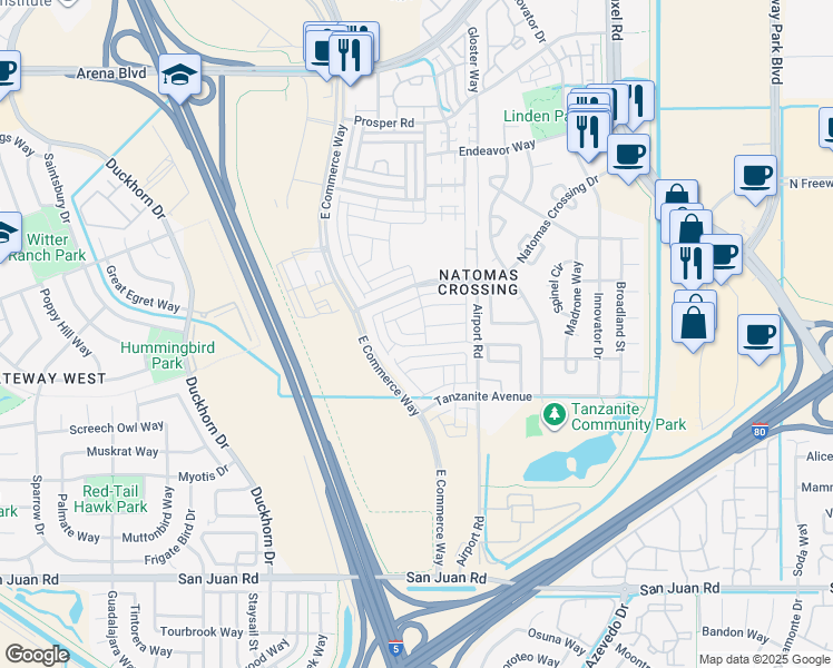 map of restaurants, bars, coffee shops, grocery stores, and more near 2508 Curlicue Alley in Sacramento