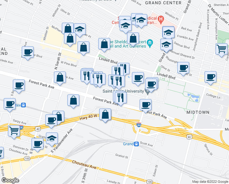 map of restaurants, bars, coffee shops, grocery stores, and more near 3722 Laclede Avenue in St. Louis