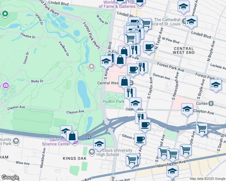 map of restaurants, bars, coffee shops, grocery stores, and more near 1 Barnes Jewish Hospital Plaza in St. Louis