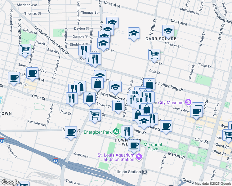 map of restaurants, bars, coffee shops, grocery stores, and more near 700 North 22nd Street in St. Louis