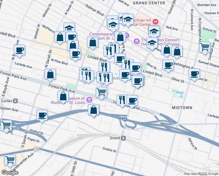 map of restaurants, bars, coffee shops, grocery stores, and more near Laclede Avenue & North Spring Avenue in St. Louis