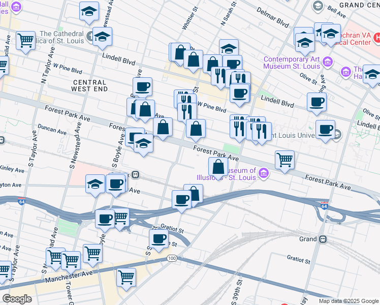 map of restaurants, bars, coffee shops, grocery stores, and more near 4044 Forest Park Ave in St Louis