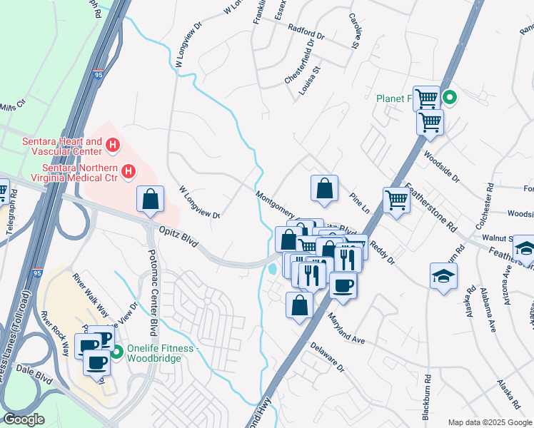map of restaurants, bars, coffee shops, grocery stores, and more near 2133 Montgomery Avenue in Woodbridge