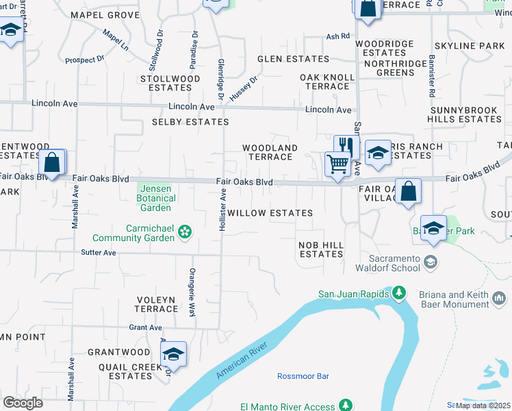 map of restaurants, bars, coffee shops, grocery stores, and more near 3940 Wisteria Lane in Carmichael