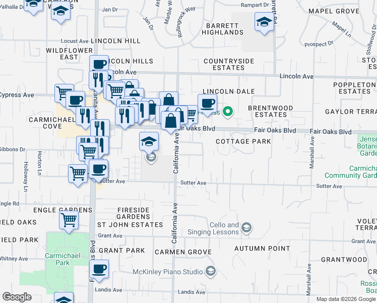 map of restaurants, bars, coffee shops, grocery stores, and more near 6220 Ross Avenue in Carmichael