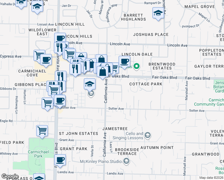 map of restaurants, bars, coffee shops, grocery stores, and more near 6220 Ross Avenue in Carmichael