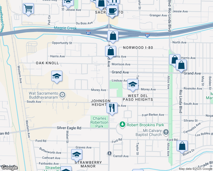map of restaurants, bars, coffee shops, grocery stores, and more near 3730 Modell Way in Sacramento