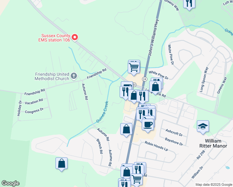map of restaurants, bars, coffee shops, grocery stores, and more near 25632 Azalea Lane in Millsboro