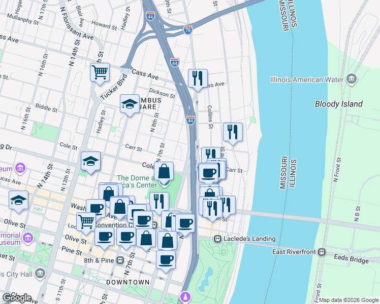 map of restaurants, bars, coffee shops, grocery stores, and more near in St. Louis