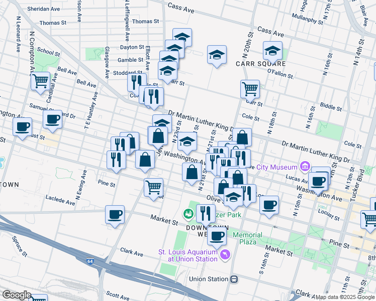 map of restaurants, bars, coffee shops, grocery stores, and more near 700 North 22nd Street in St. Louis