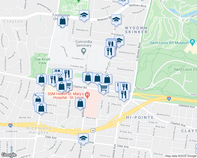 map of restaurants, bars, coffee shops, grocery stores, and more near in Clayton