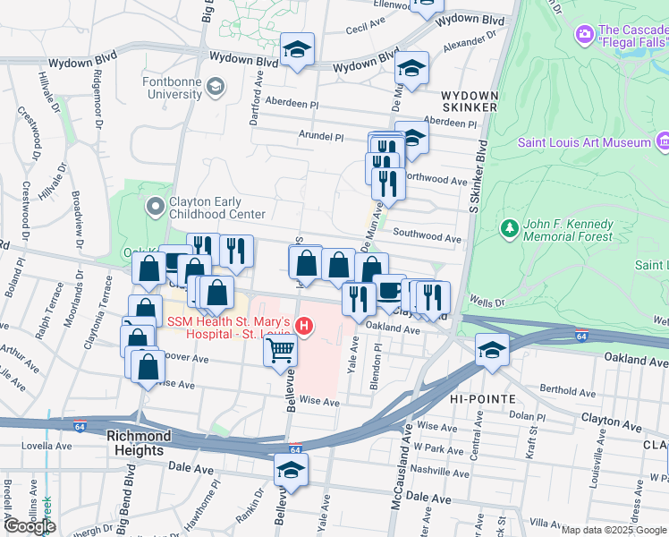 map of restaurants, bars, coffee shops, grocery stores, and more near in Clayton