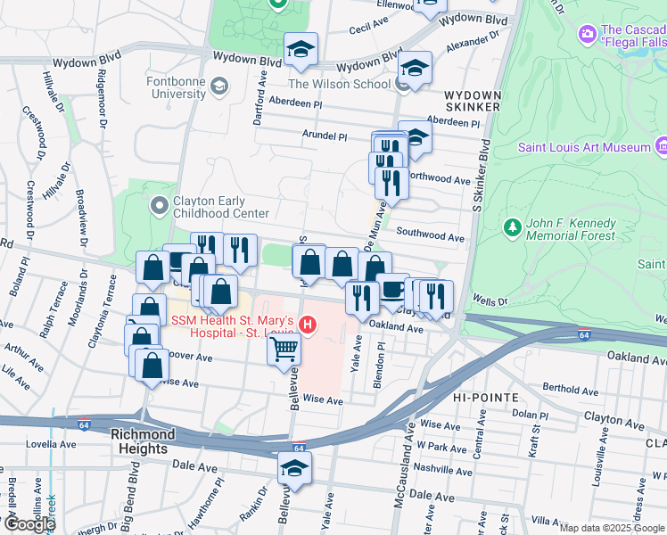 map of restaurants, bars, coffee shops, grocery stores, and more near in Clayton