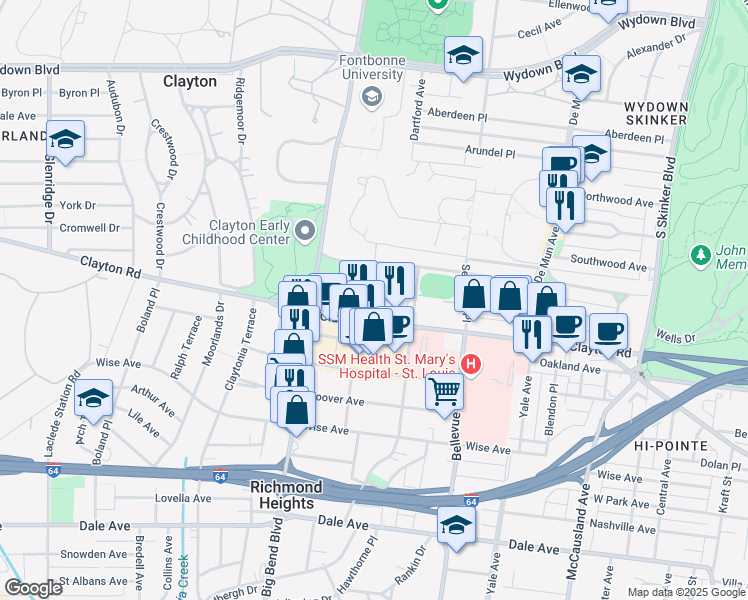 map of restaurants, bars, coffee shops, grocery stores, and more near 925 Concordia Lane in Clayton