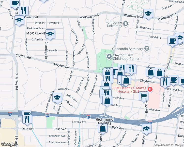 map of restaurants, bars, coffee shops, grocery stores, and more near 7200 Clayton Road in Richmond Heights