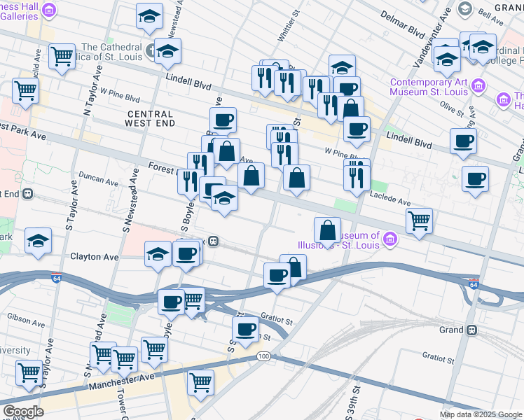map of restaurants, bars, coffee shops, grocery stores, and more near 205 South Sarah Street in St. Louis