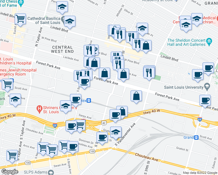 map of restaurants, bars, coffee shops, grocery stores, and more near 205 South Sarah Street in St. Louis