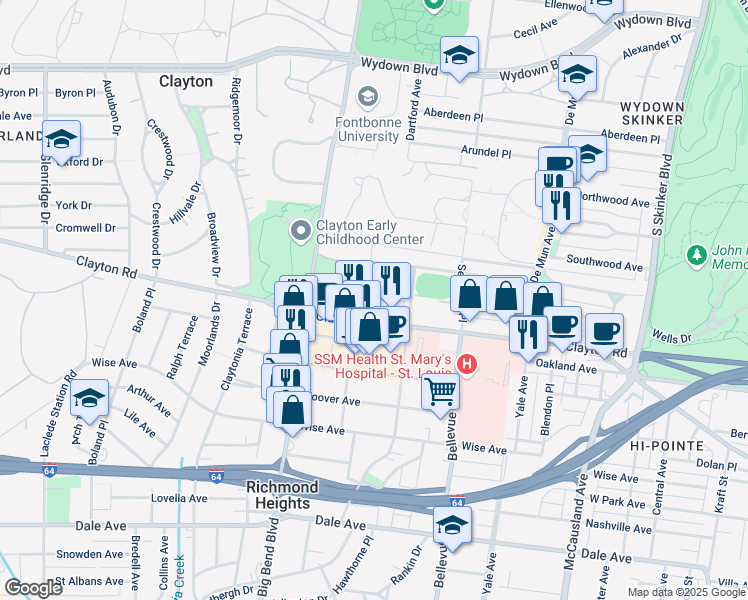 map of restaurants, bars, coffee shops, grocery stores, and more near 6632 Alamo Avenue in Saint Louis