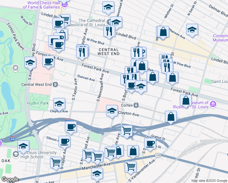 map of restaurants, bars, coffee shops, grocery stores, and more near 4340 Duncan Avenue in St. Louis