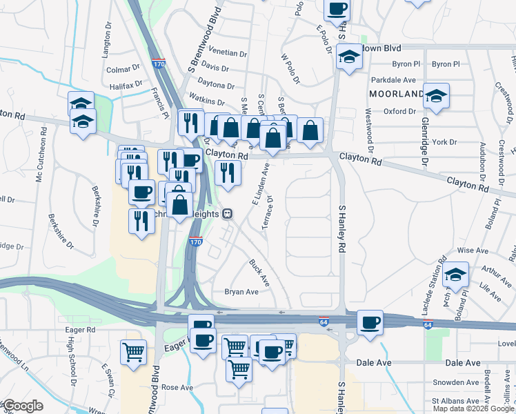 map of restaurants, bars, coffee shops, grocery stores, and more near 1066 East Linden Avenue in Saint Louis
