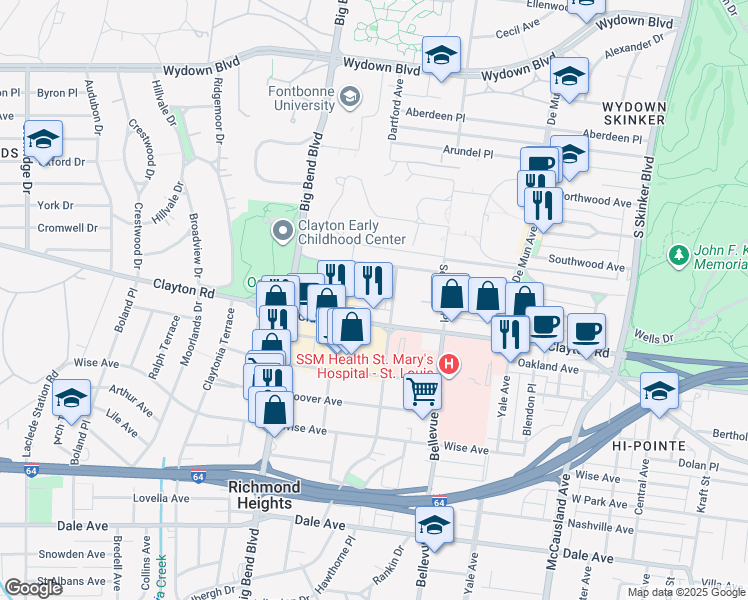 map of restaurants, bars, coffee shops, grocery stores, and more near 6625 Alamo Avenue in Clayton