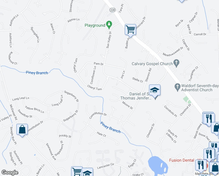 map of restaurants, bars, coffee shops, grocery stores, and more near 2785 Desert Sun Court in Waldorf