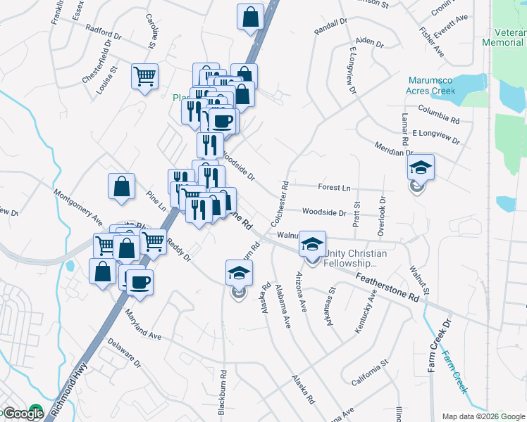 map of restaurants, bars, coffee shops, grocery stores, and more near 1596 Dorothy Lane in Woodbridge