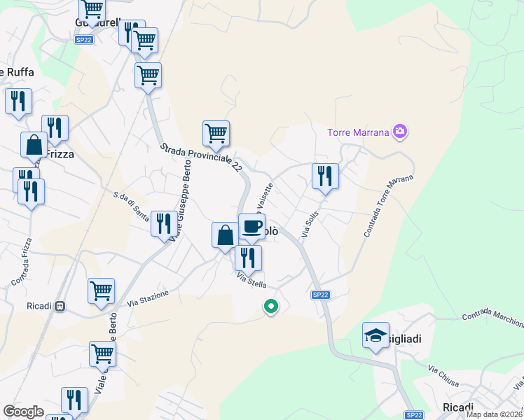 map of restaurants, bars, coffee shops, grocery stores, and more near 32 Via Vaisette in San Nicolò