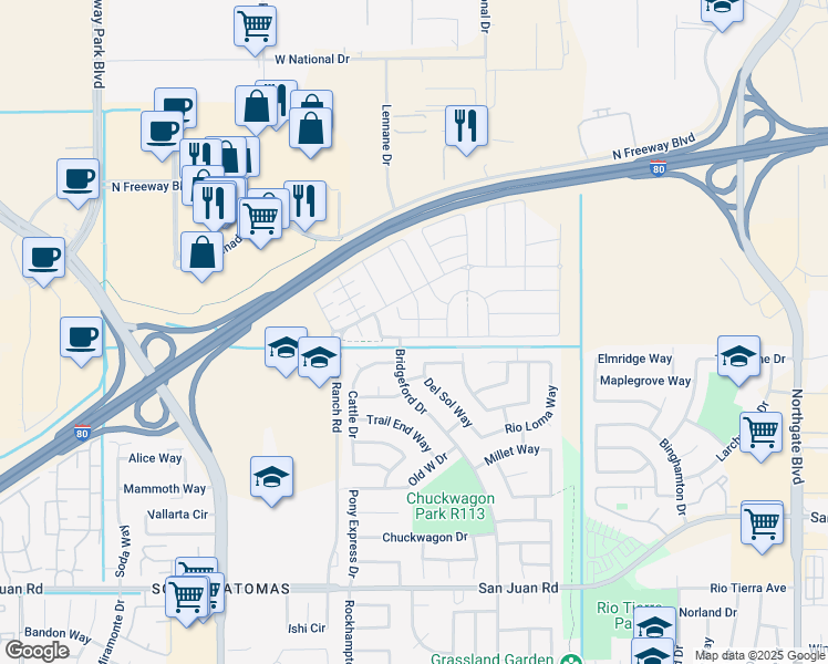 map of restaurants, bars, coffee shops, grocery stores, and more near 18 Bridgehome Court in Sacramento