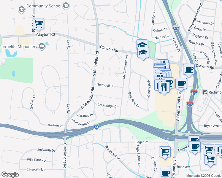 map of restaurants, bars, coffee shops, grocery stores, and more near 20 Thorndell Drive in Richmond Heights
