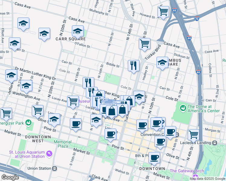 map of restaurants, bars, coffee shops, grocery stores, and more near 953-999 North 14th Street in St. Louis