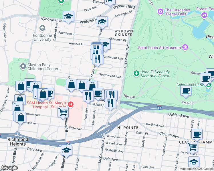 map of restaurants, bars, coffee shops, grocery stores, and more near 6300 San Bonita Avenue in Clayton