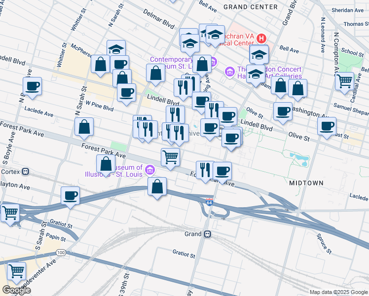 map of restaurants, bars, coffee shops, grocery stores, and more near 3701 Laclede Avenue in St. Louis