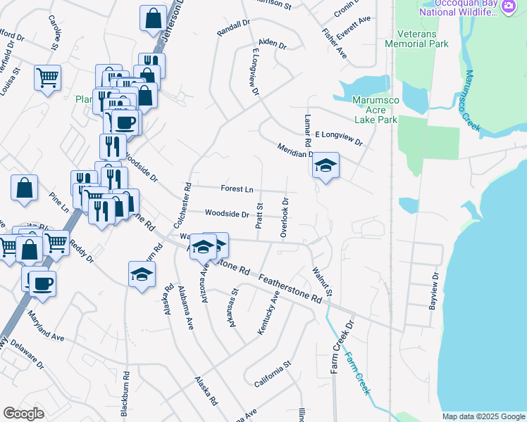 map of restaurants, bars, coffee shops, grocery stores, and more near 1406 Woodside Drive in Woodbridge