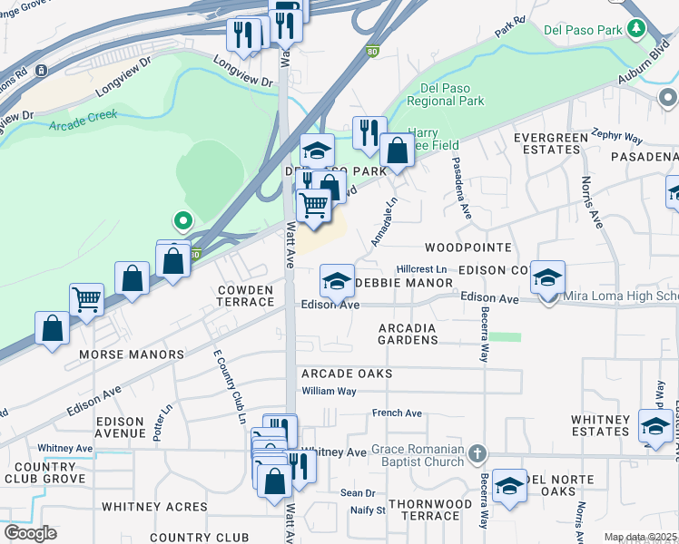 map of restaurants, bars, coffee shops, grocery stores, and more near 3831 Annadale Lane in Sacramento