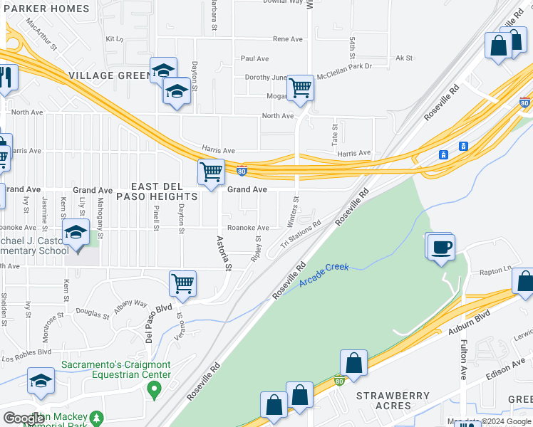 map of restaurants, bars, coffee shops, grocery stores, and more near 3721 Cameron Road in Sacramento